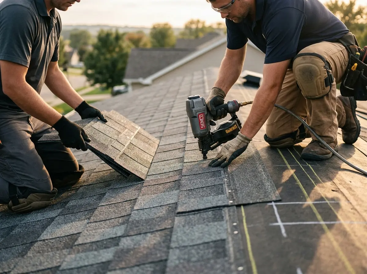 Professional roofer working on a residential roof in Moscow